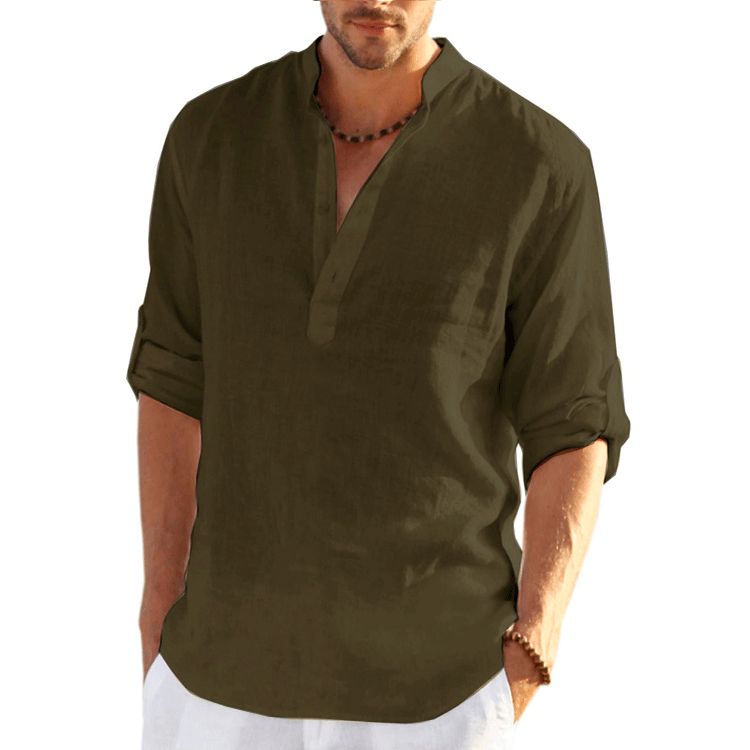 Clothes > Men's Clothing > Tops > Shirts  New men's linen long-sleeved T-shirt loose undershirt solid color long-sleeved cotton and linen shirt