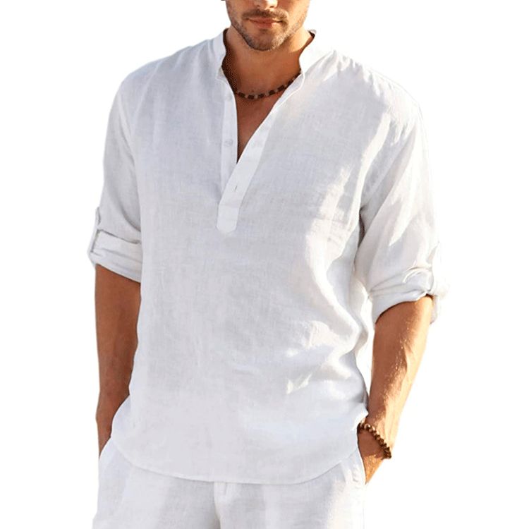Clothes > Men's Clothing > Tops > Shirts  New men's linen long-sleeved T-shirt loose undershirt solid color long-sleeved cotton and linen shirt