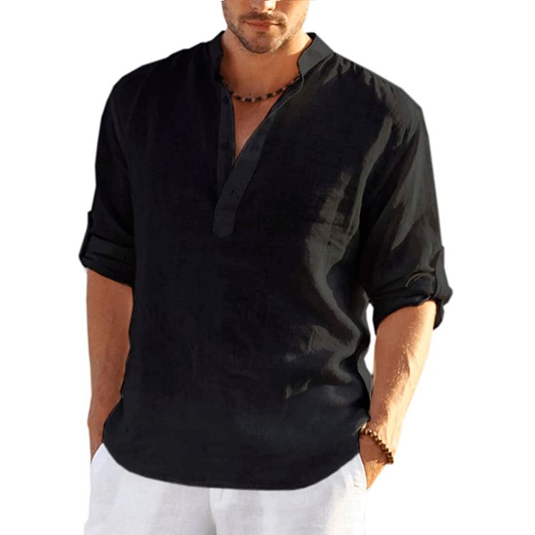 Clothes > Men's Clothing > Tops > Shirts  New men's linen long-sleeved T-shirt loose undershirt solid color long-sleeved cotton and linen shirt