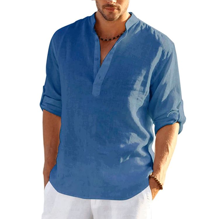 Clothes > Men's Clothing > Tops > Shirts  New men's linen long-sleeved T-shirt loose undershirt solid color long-sleeved cotton and linen shirt