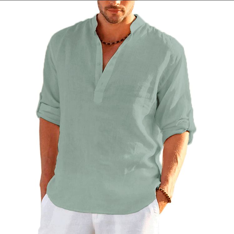Clothes > Men's Clothing > Tops > Shirts  New men's linen long-sleeved T-shirt loose undershirt solid color long-sleeved cotton and linen shirt