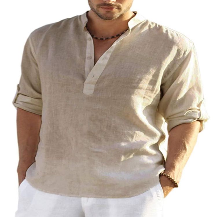 Clothes > Men's Clothing > Tops > Shirts  New men's linen long-sleeved T-shirt loose undershirt solid color long-sleeved cotton and linen shirt