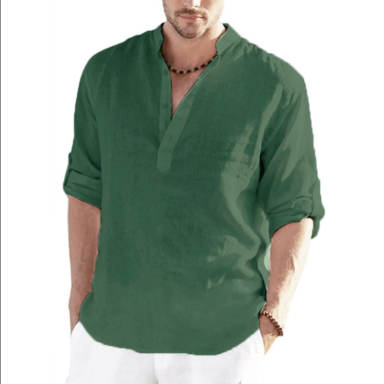 Clothes > Men's Clothing > Tops > Shirts  New men's linen long-sleeved T-shirt loose undershirt solid color long-sleeved cotton and linen shirt