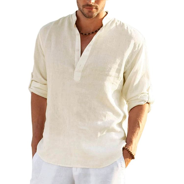 Clothes > Men's Clothing > Tops > Shirts  New men's linen long-sleeved T-shirt loose undershirt solid color long-sleeved cotton and linen shirt