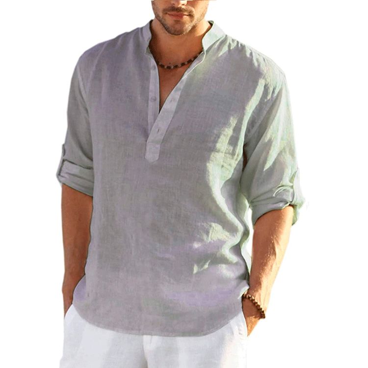 Clothes > Men's Clothing > Tops > Shirts  New men's linen long-sleeved T-shirt loose undershirt solid color long-sleeved cotton and linen shirt