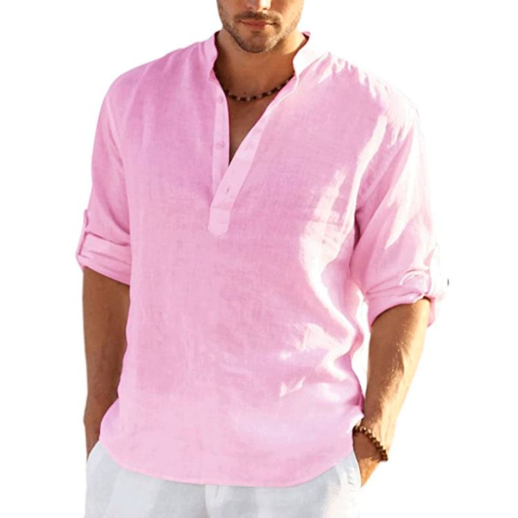 Clothes > Men's Clothing > Tops > Shirts  New men's linen long-sleeved T-shirt loose undershirt solid color long-sleeved cotton and linen shirt