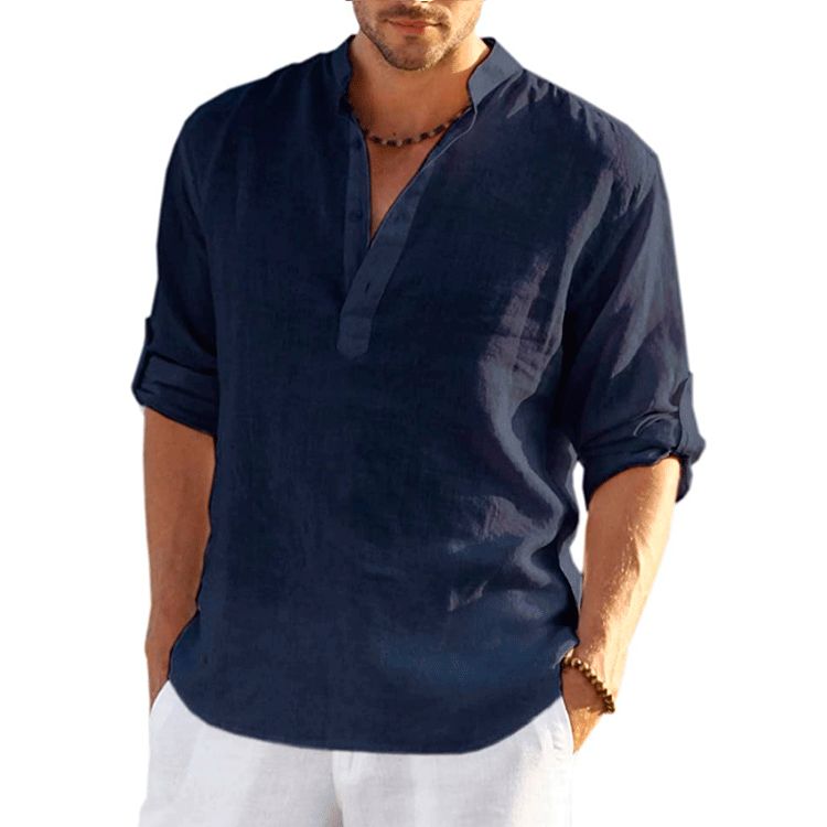 Clothes > Men's Clothing > Tops > Shirts  New men's linen long-sleeved T-shirt loose undershirt solid color long-sleeved cotton and linen shirt