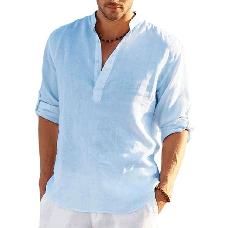 Clothes > Men's Clothing > Tops > Shirts  New men's linen long-sleeved T-shirt loose undershirt solid color long-sleeved cotton and linen shirt