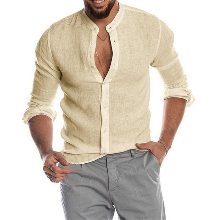 Clothes > Men's Clothing > Tops > Shirts  New Men's Solid Color Linen Stand Collar Cardigan Long Sleeve Loose Men's Shirt