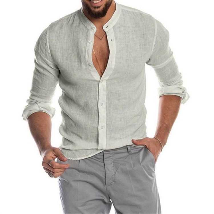 Clothes > Men's Clothing > Tops > Shirts  New Men's Solid Color Linen Stand Collar Cardigan Long Sleeve Loose Men's Shirt