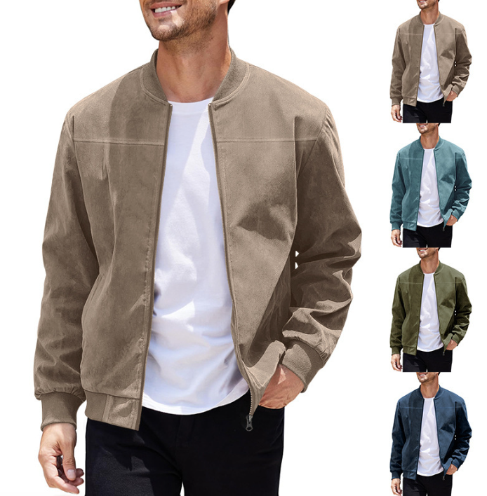 Clothes > Men's Clothing > Tops > Jackets & Coats  Autumn suede solid color men's zipper jacket casual retro long-sleeved cardigan jacket for men