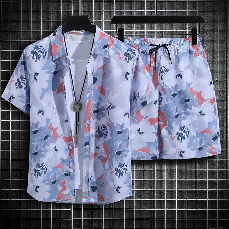 Clothes > Men's Clothing > Clothing Sets > Two-Piece Outfits  Hainan Island Wear Beach Shirt Men's Suit Sanya Travel Hawaii Large Size Floral Shirt Men's Printed Quarter Pants