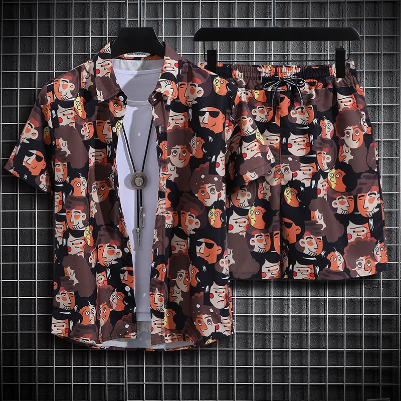 Clothes > Men's Clothing > Clothing Sets > Two-Piece Outfits  Hainan Island Wear Beach Shirt Men's Suit Sanya Travel Hawaii Large Size Floral Shirt Men's Printed Quarter Pants
