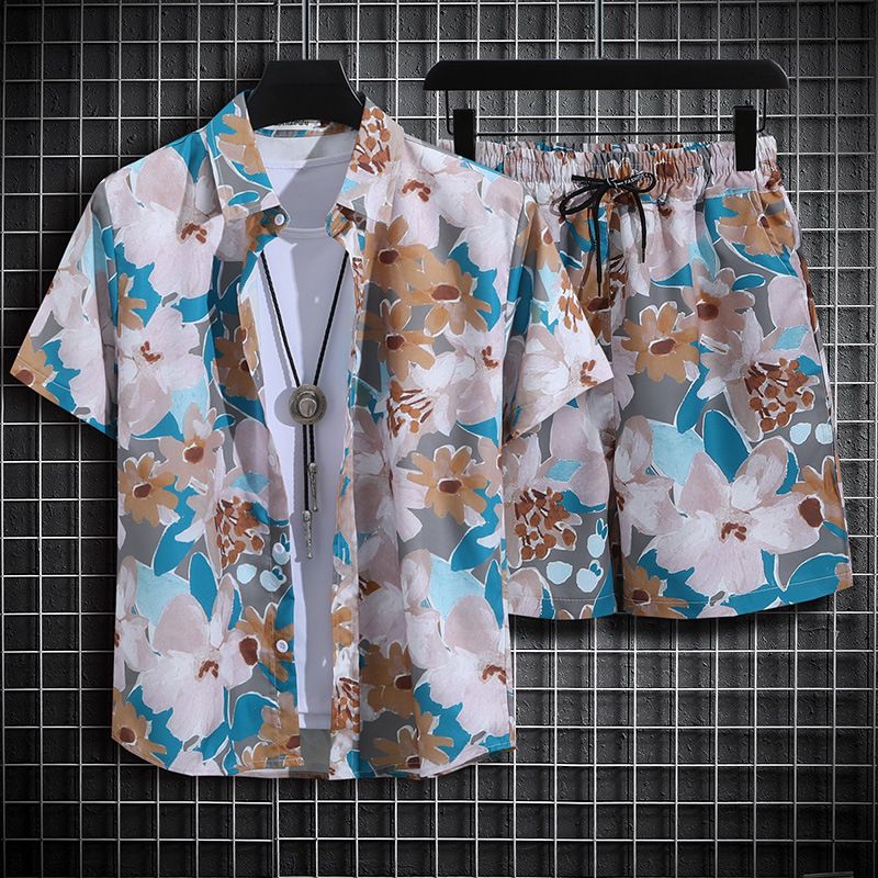 Clothes > Men's Clothing > Clothing Sets > Two-Piece Outfits  Hainan Island Wear Beach Shirt Men's Suit Sanya Travel Hawaii Large Size Floral Shirt Men's Printed Quarter Pants