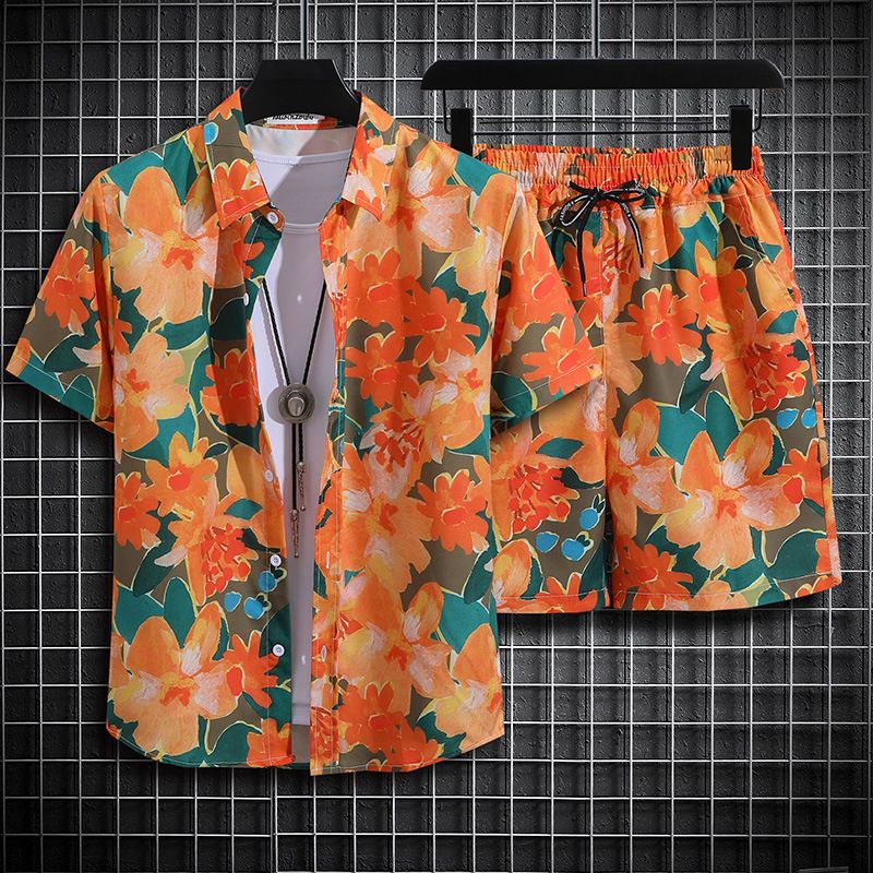 Clothes > Men's Clothing > Clothing Sets > Two-Piece Outfits  Hainan Island Wear Beach Shirt Men's Suit Sanya Travel Hawaii Large Size Floral Shirt Men's Printed Quarter Pants