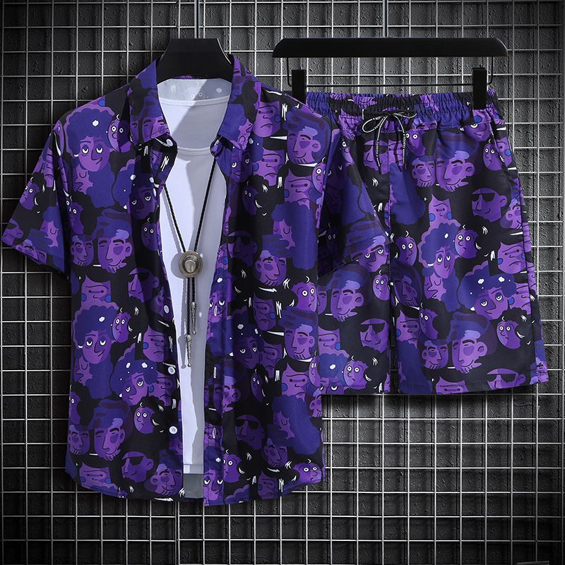 Clothes > Men's Clothing > Clothing Sets > Two-Piece Outfits  Hainan Island Wear Beach Shirt Men's Suit Sanya Travel Hawaii Large Size Floral Shirt Men's Printed Quarter Pants