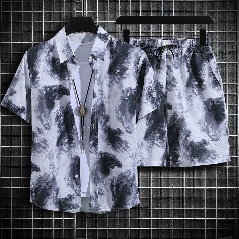 Clothes > Men's Clothing > Clothing Sets > Two-Piece Outfits  Hainan Island Wear Beach Shirt Men's Suit Sanya Travel Hawaii Large Size Floral Shirt Men's Printed Quarter Pants