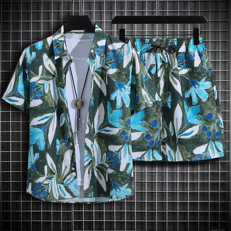 Clothes > Men's Clothing > Clothing Sets > Two-Piece Outfits  Hainan Island Wear Beach Shirt Men's Suit Sanya Travel Hawaii Large Size Floral Shirt Men's Printed Quarter Pants