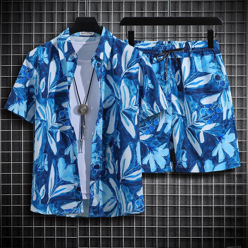 Clothes > Men's Clothing > Clothing Sets > Two-Piece Outfits  Hainan Island Wear Beach Shirt Men's Suit Sanya Travel Hawaii Large Size Floral Shirt Men's Printed Quarter Pants