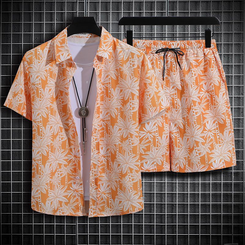 Clothes > Men's Clothing > Clothing Sets > Two-Piece Outfits  Hainan Island Wear Beach Shirt Men's Suit Sanya Travel Hawaii Large Size Floral Shirt Men's Printed Quarter Pants