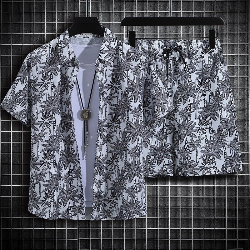 Clothes > Men's Clothing > Clothing Sets > Two-Piece Outfits  Hainan Island Wear Beach Shirt Men's Suit Sanya Travel Hawaii Large Size Floral Shirt Men's Printed Quarter Pants