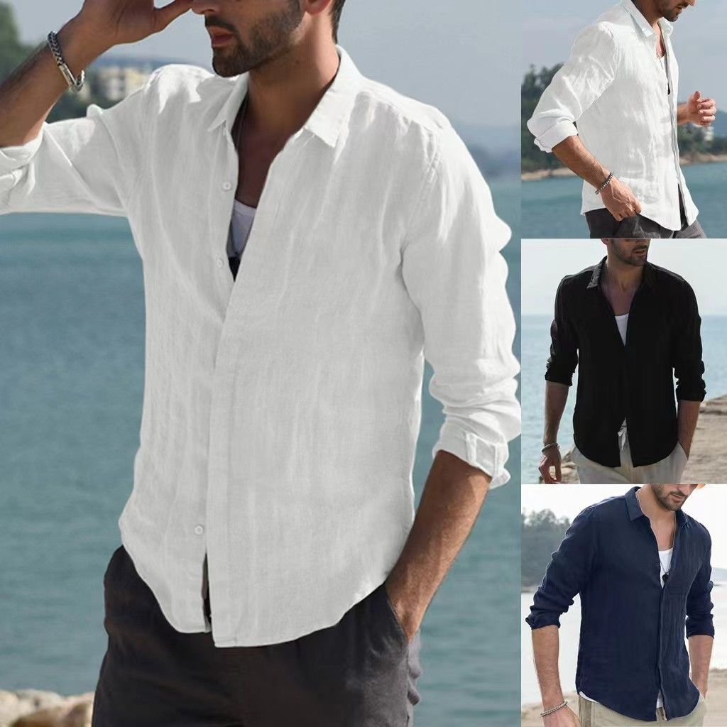 Clothes > Men's Clothing > Tops > Shirts  European and American cotton solid color long-sleeved shirt men's youth casual cardigan shirt men's jacket