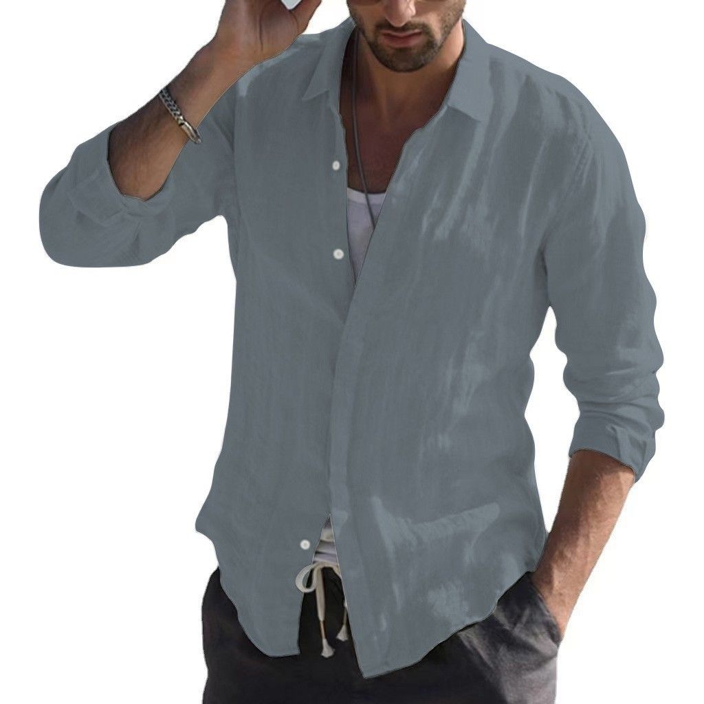 Clothes > Men's Clothing > Tops > Shirts  European and American cotton solid color long-sleeved shirt men's youth casual cardigan shirt men's jacket