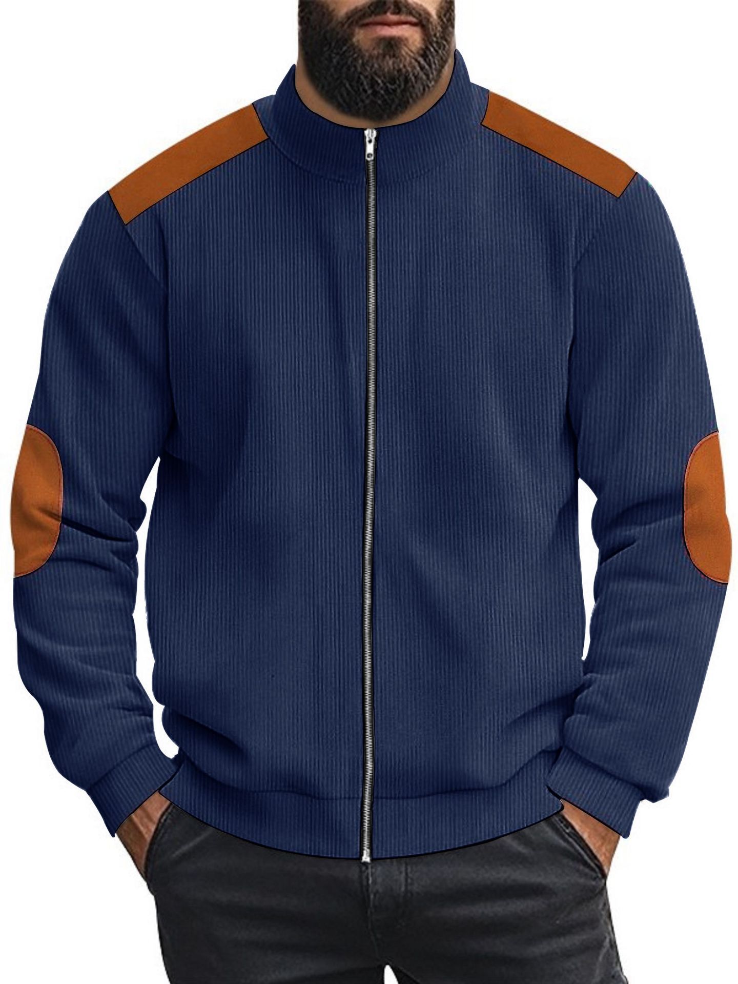 Clothes > Men's Clothing > Tops > Jackets & Coats  Men's  spring and autumn new corduroy zipper long-sleeved shirt retro color matching casual jacket