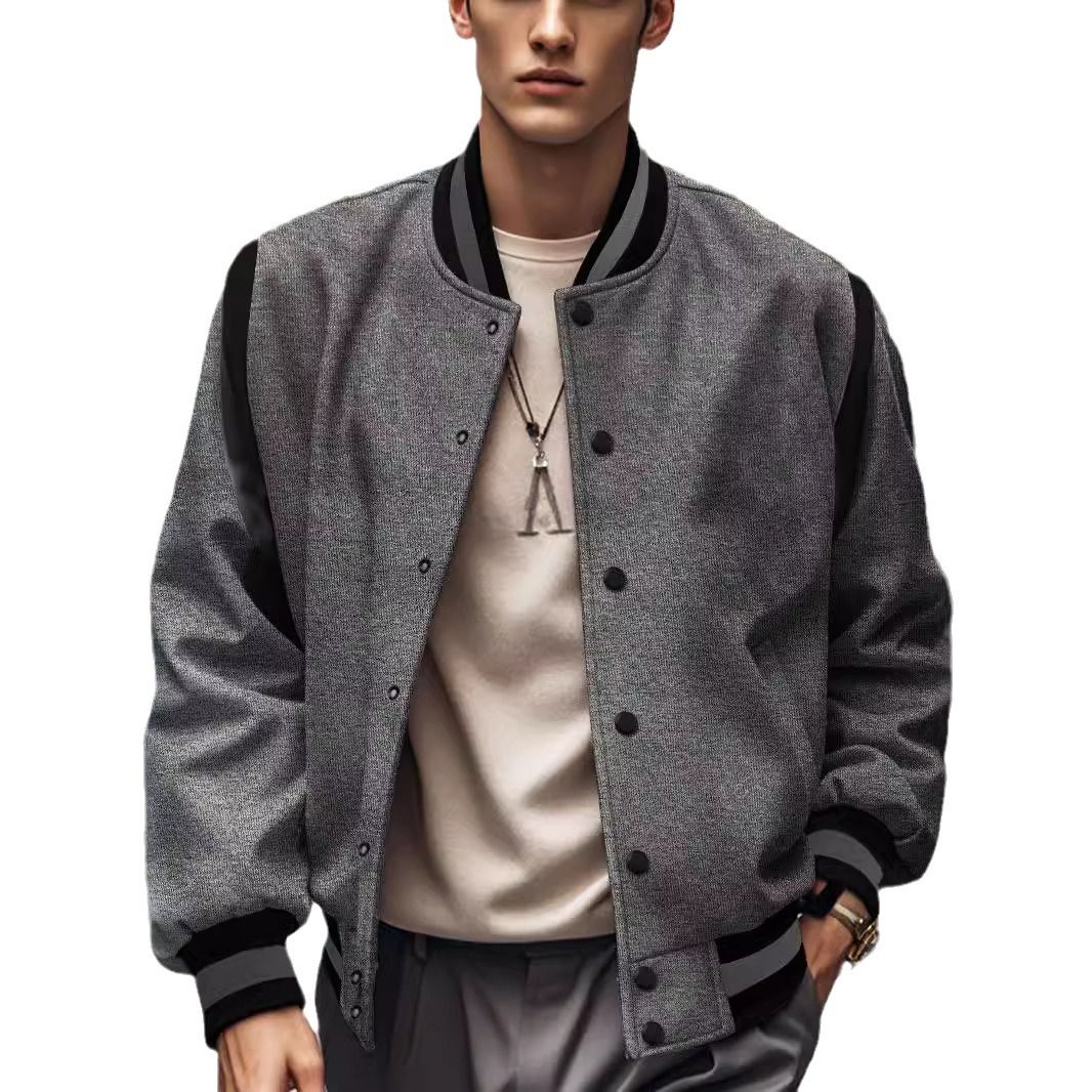 Clothes > Men's Clothing > Tops > Jackets & Coats  Casual fashion European and American trendy woolen cardigan spliced ​​buttoned baseball uniform