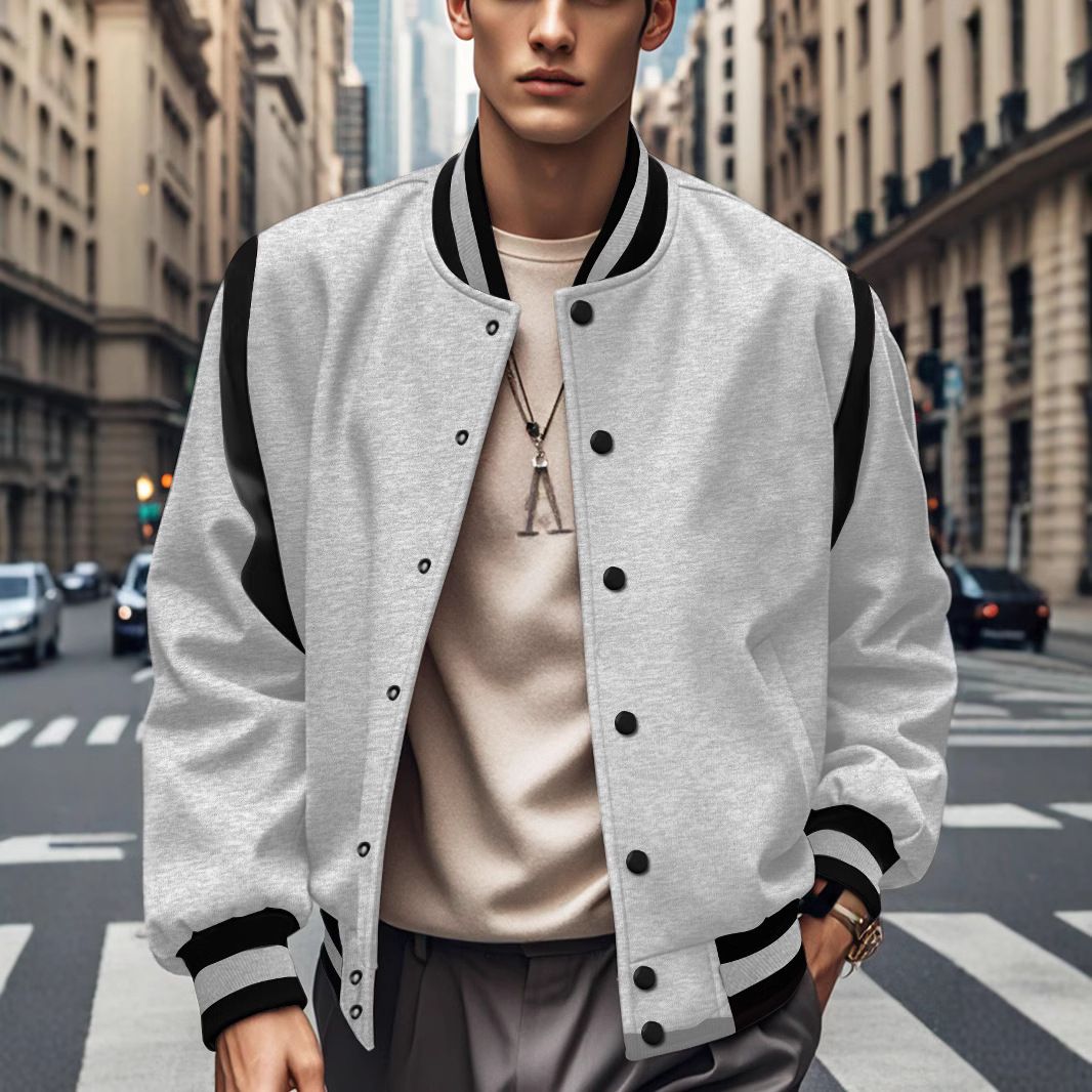 Clothes > Men's Clothing > Tops > Jackets & Coats  Casual fashion European and American trendy woolen cardigan spliced ​​buttoned baseball uniform