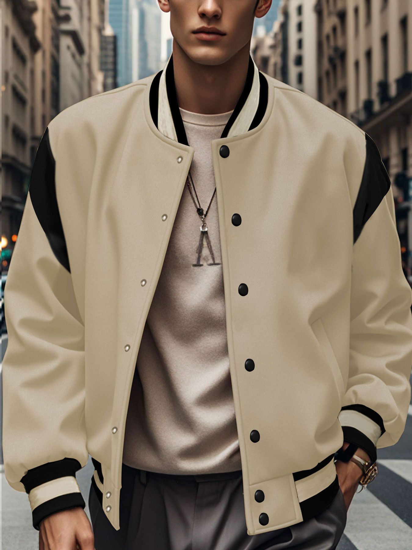 Clothes > Men's Clothing > Tops > Jackets & Coats  Casual fashion European and American trendy woolen cardigan spliced ​​buttoned baseball uniform