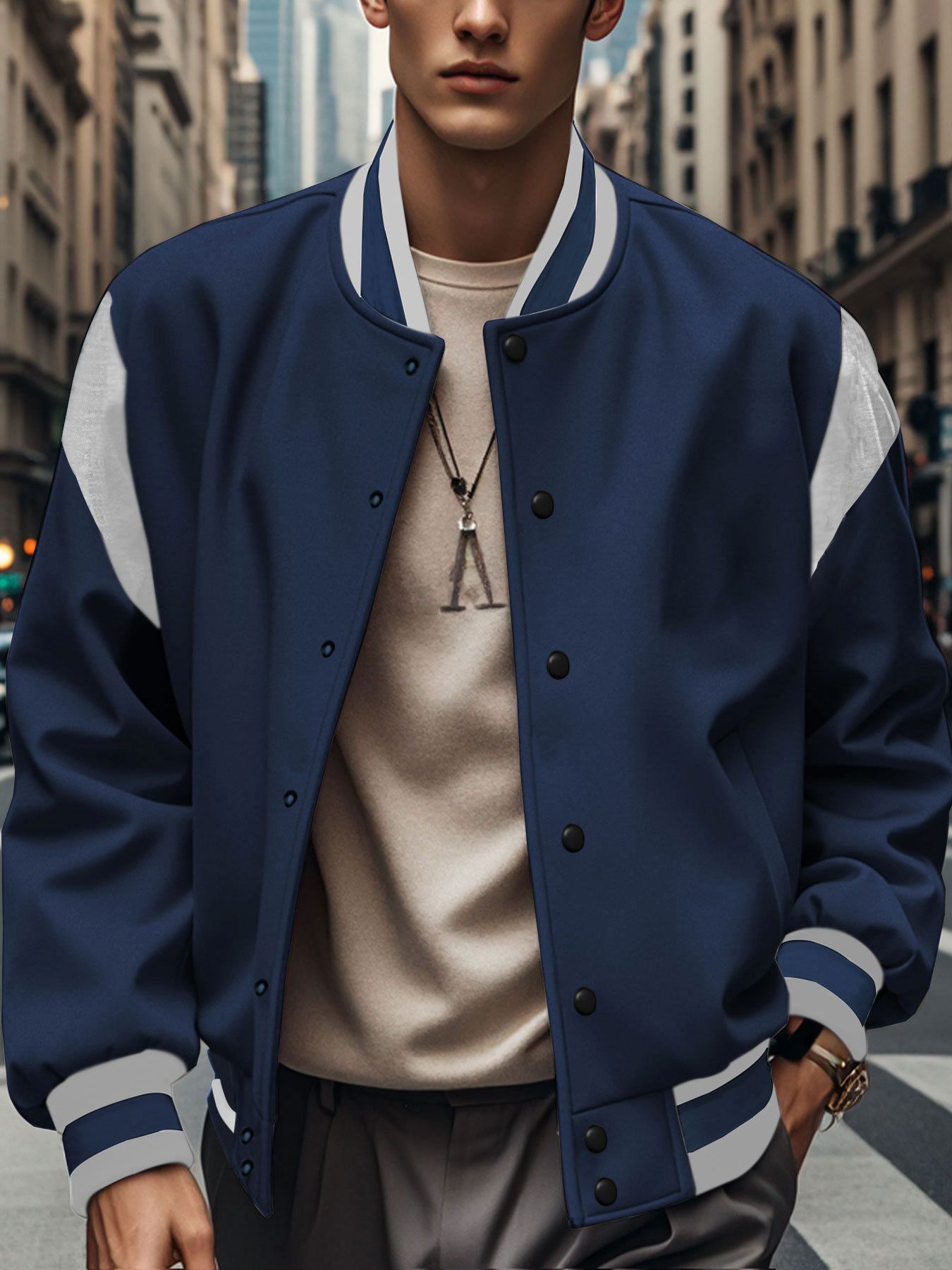 Clothes > Men's Clothing > Tops > Jackets & Coats  Casual fashion European and American trendy woolen cardigan spliced ​​buttoned baseball uniform