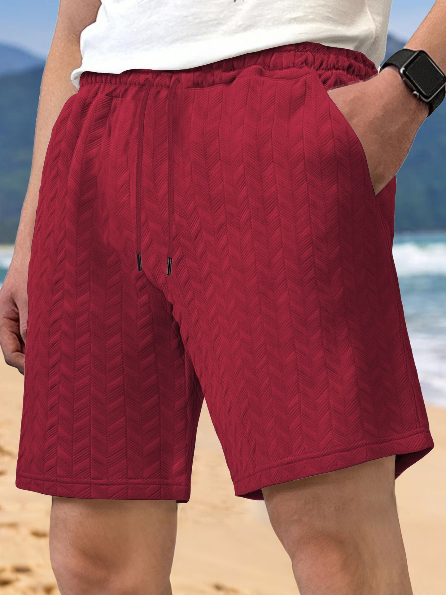 Clothes > Men's Clothing > Bottoms > Shorts  European and American men's summer loose solid color shorts jacquard lace men's casual shorts beach pants