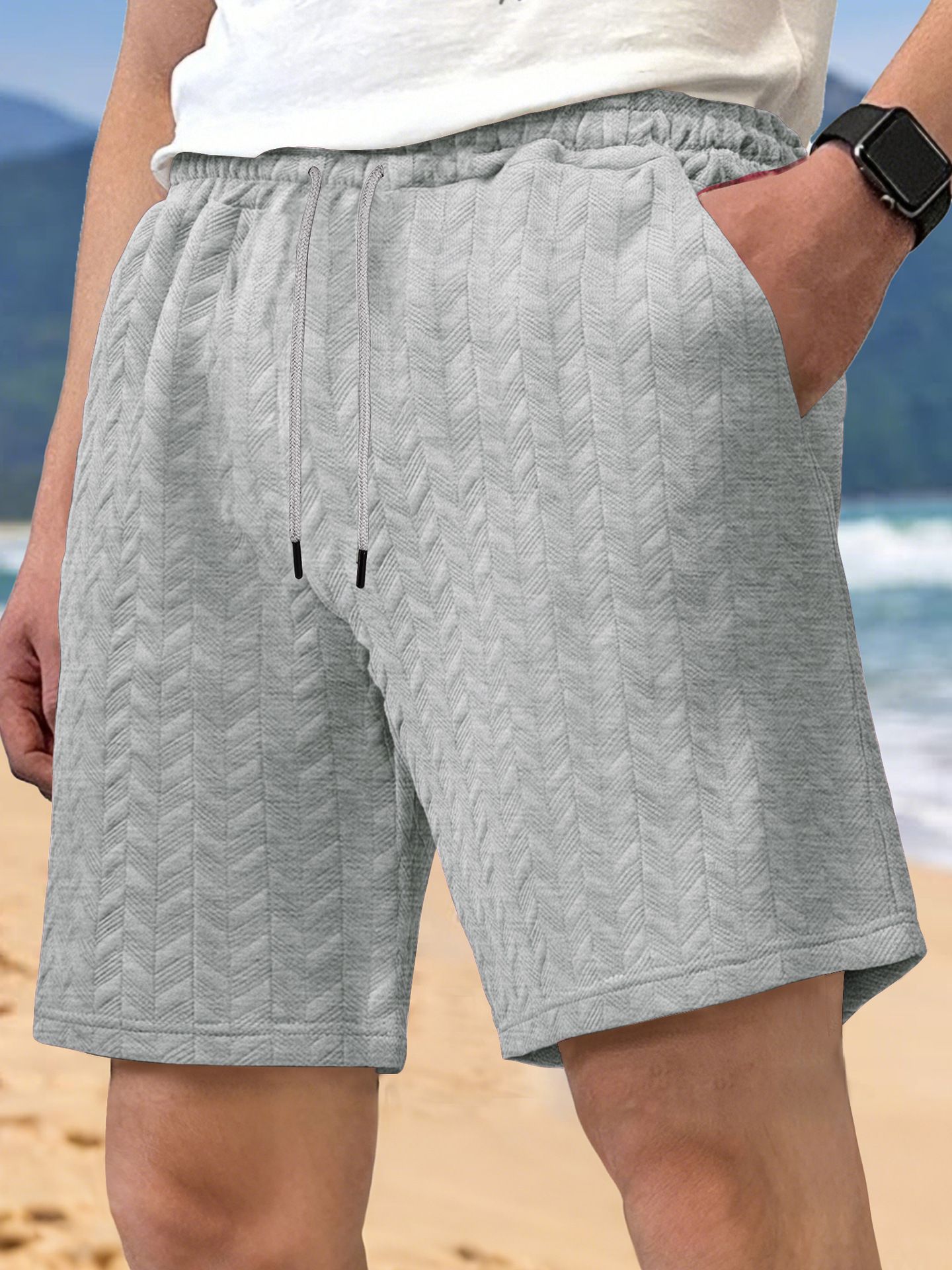 Clothes > Men's Clothing > Bottoms > Shorts  European and American men's summer loose solid color shorts jacquard lace men's casual shorts beach pants