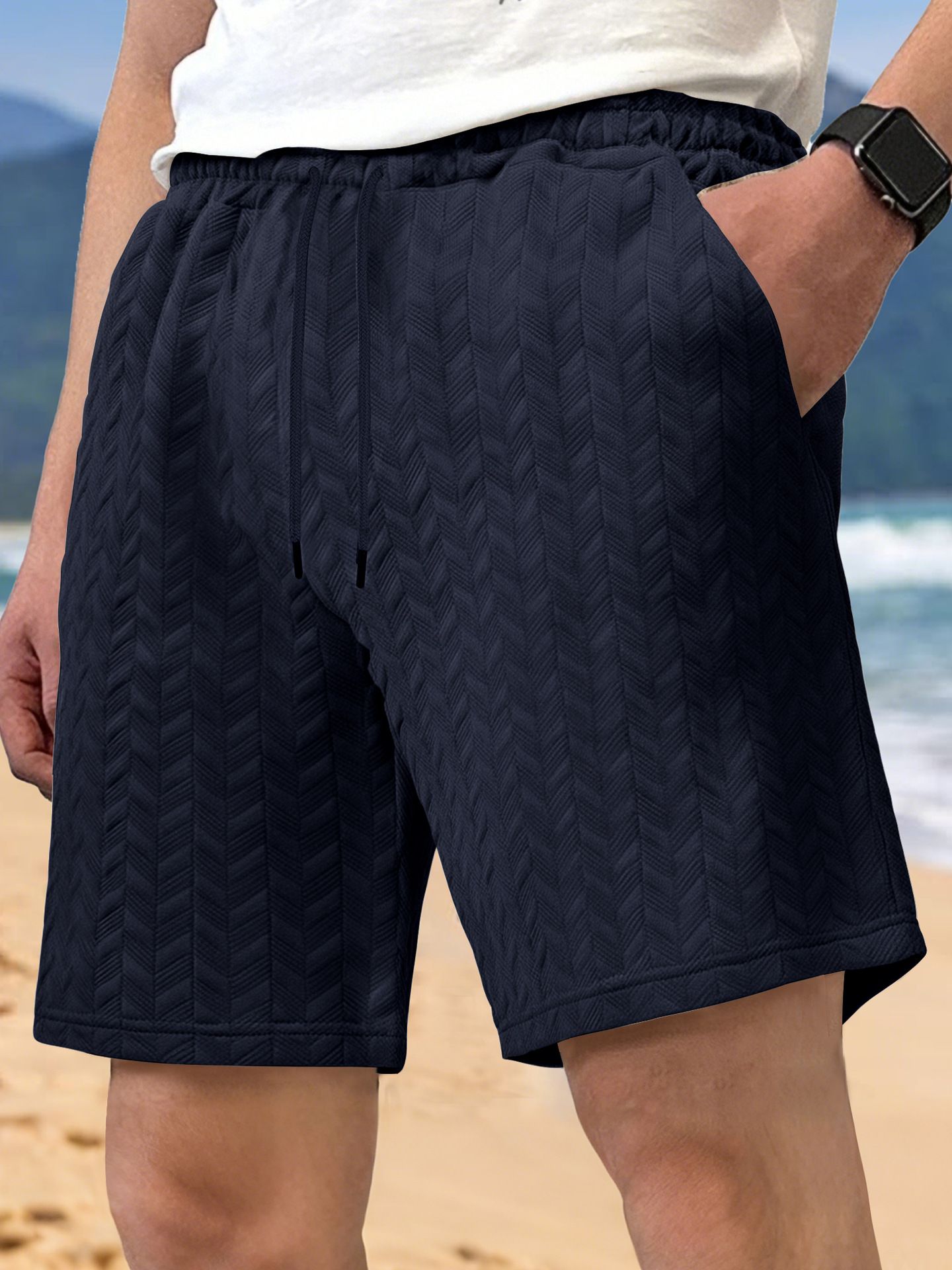 Clothes > Men's Clothing > Bottoms > Shorts  European and American men's summer loose solid color shorts jacquard lace men's casual shorts beach pants