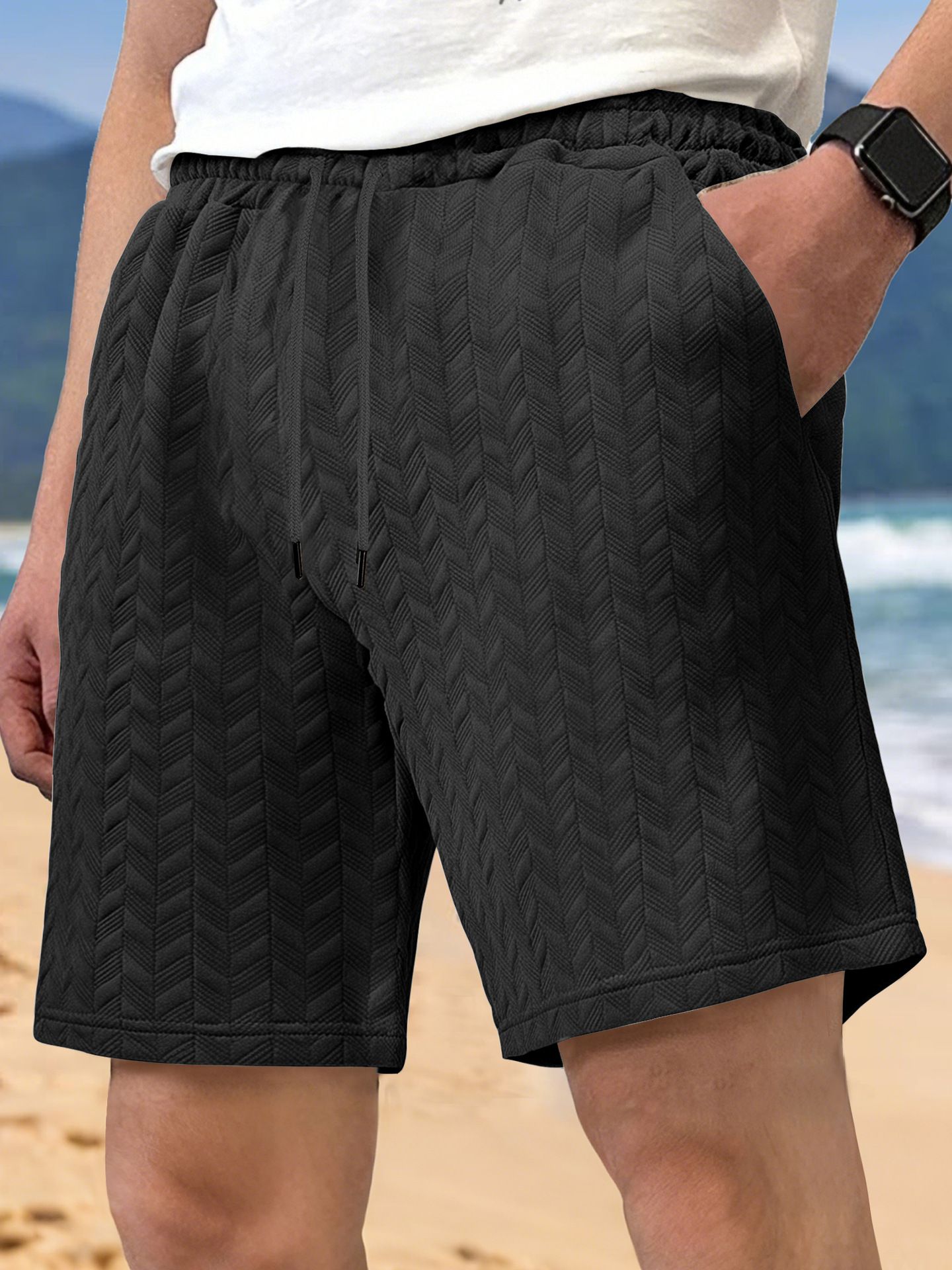 Clothes > Men's Clothing > Bottoms > Shorts  European and American men's summer loose solid color shorts jacquard lace men's casual shorts beach pants