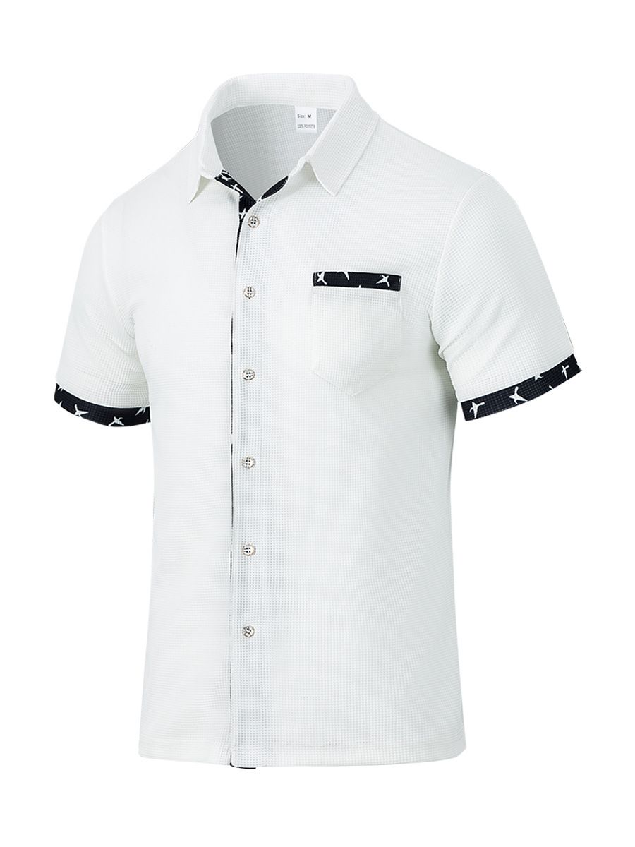 Clothes > Men's Clothing > Tops > T-Shirts  Hot Sale Men's Cardigan Shirt Summer Casual Lapel Printed Button Waffle Short Sleeve