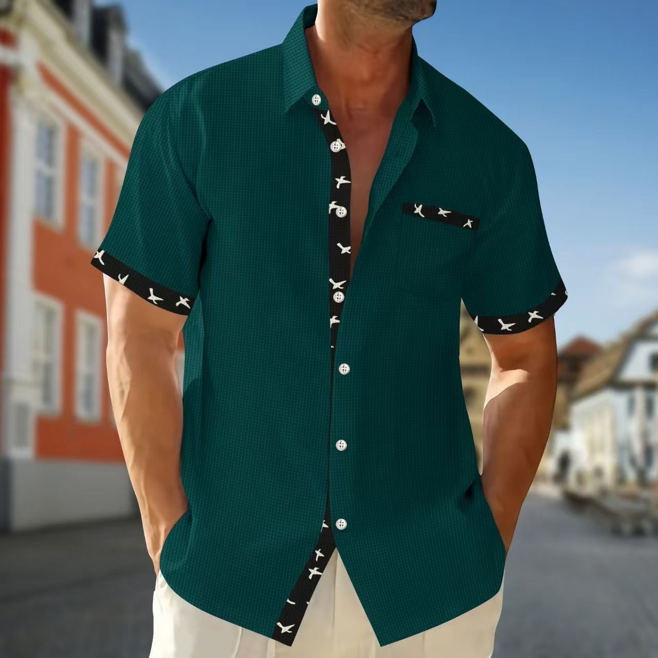 Clothes > Men's Clothing > Tops > T-Shirts  Hot Sale Men's Cardigan Shirt Summer Casual Lapel Printed Button Waffle Short Sleeve