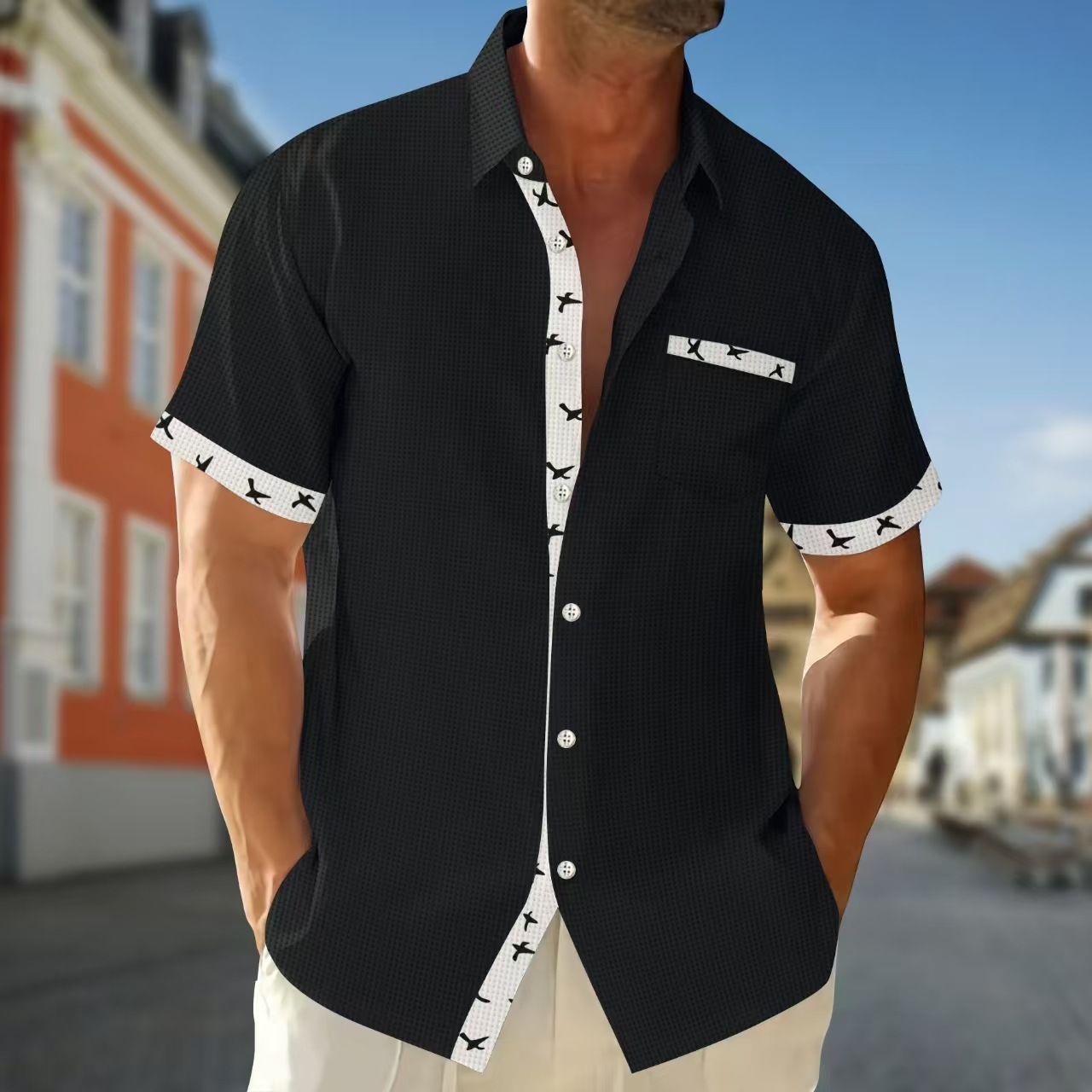 Clothes > Men's Clothing > Tops > T-Shirts  Hot Sale Men's Cardigan Shirt Summer Casual Lapel Printed Button Waffle Short Sleeve