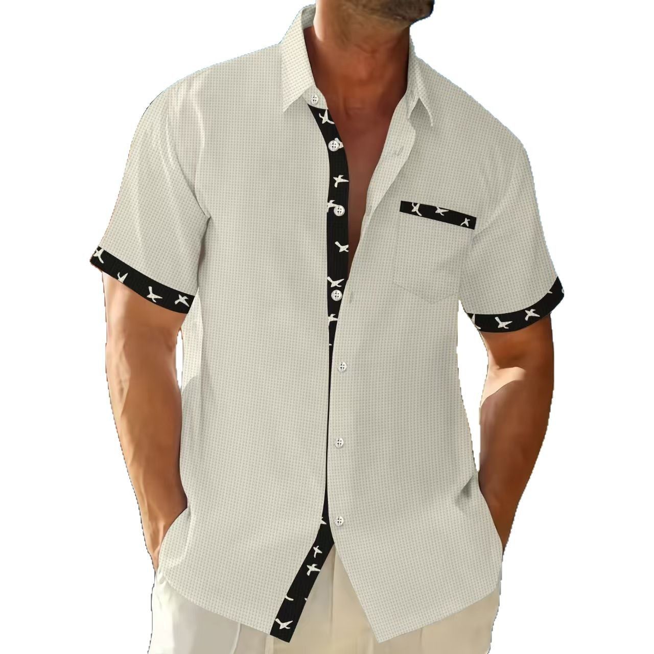 Clothes > Men's Clothing > Tops > T-Shirts  Hot Sale Men's Cardigan Shirt Summer Casual Lapel Printed Button Waffle Short Sleeve
