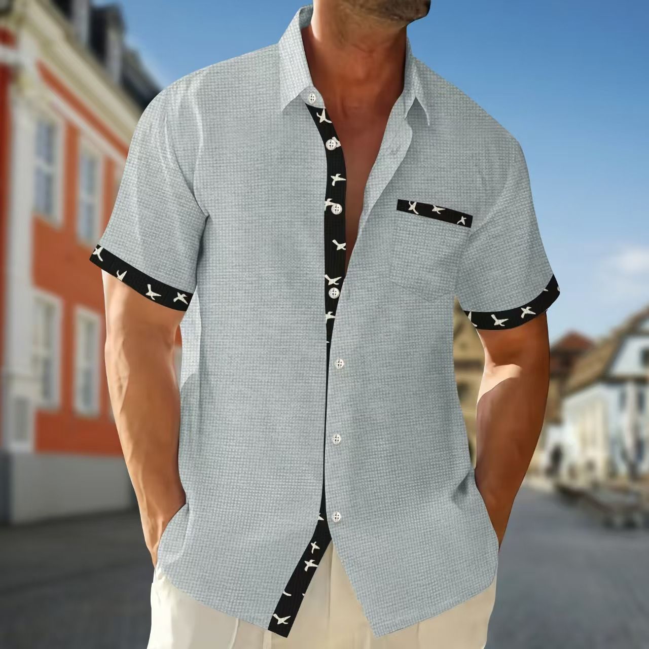 Clothes > Men's Clothing > Tops > T-Shirts  Hot Sale Men's Cardigan Shirt Summer Casual Lapel Printed Button Waffle Short Sleeve