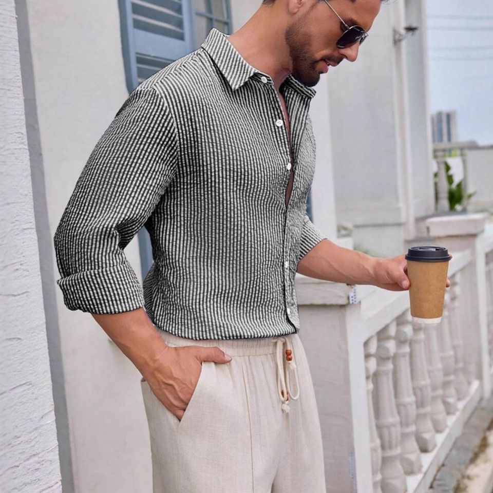 Clothes > Men's Clothing > Tops > Shirts  Men's shirt breathable cotton long-sleeved plaid shirt men's casual slim top shirt jacket
