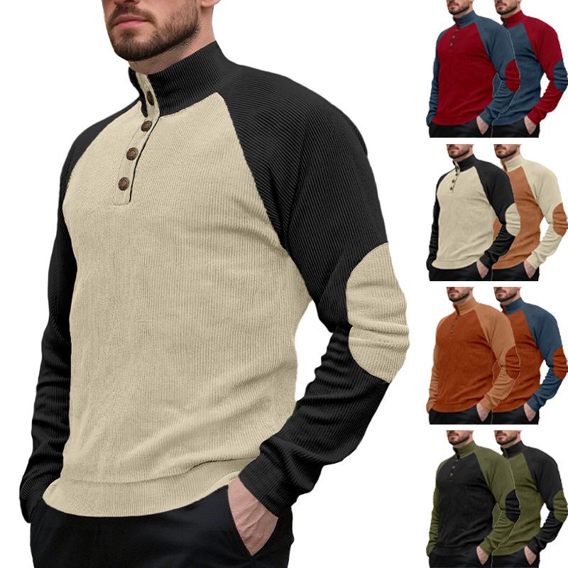 Clothes > Men's Clothing > Tops > Sweatshirts & Hoodies  New men's long sleeved stand up collar outdoor sweatshirt with corduroy buckle, European and American casual sports Henry