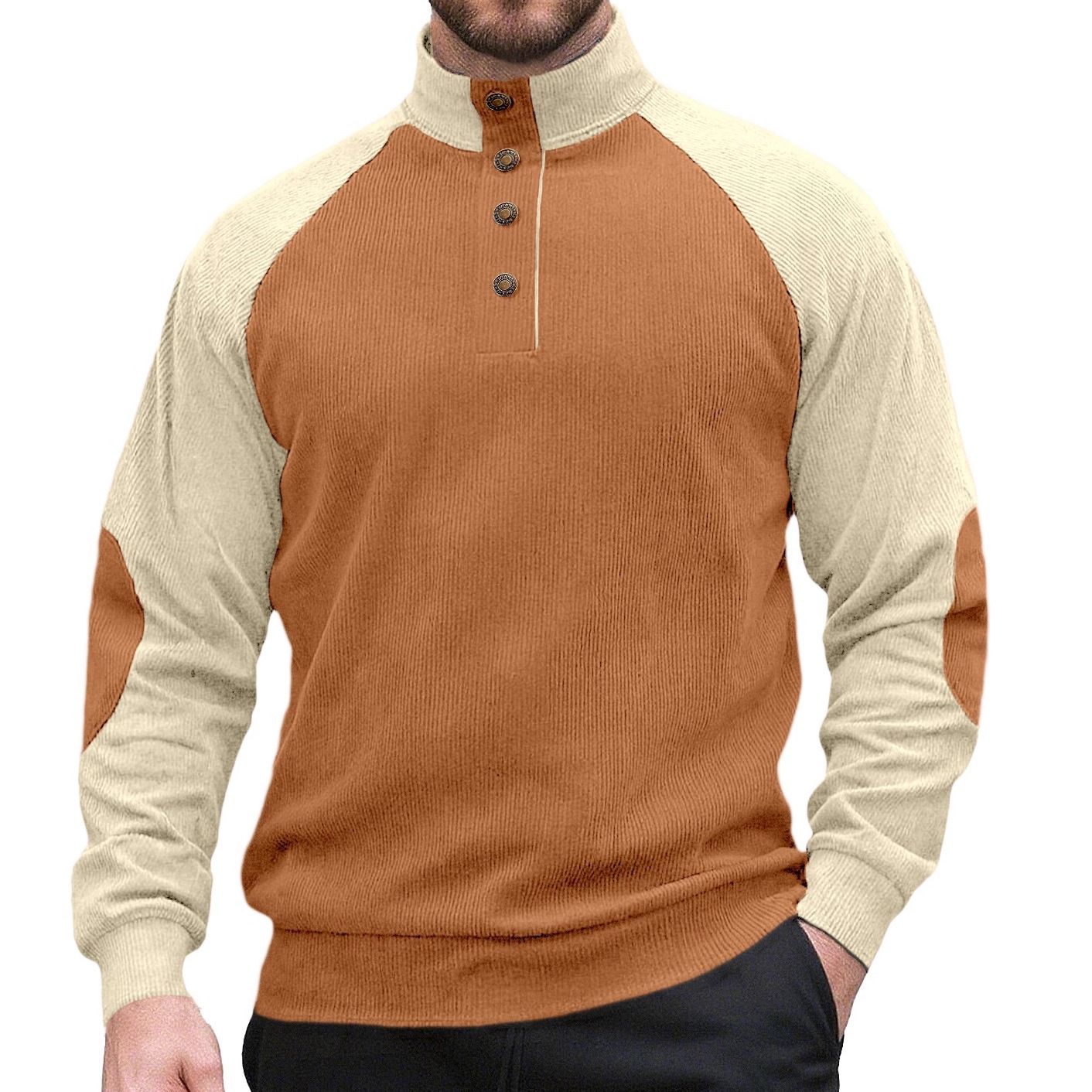 Clothes > Men's Clothing > Tops > Sweatshirts & Hoodies  New men's long sleeved stand up collar outdoor sweatshirt with corduroy buckle, European and American casual sports Henry