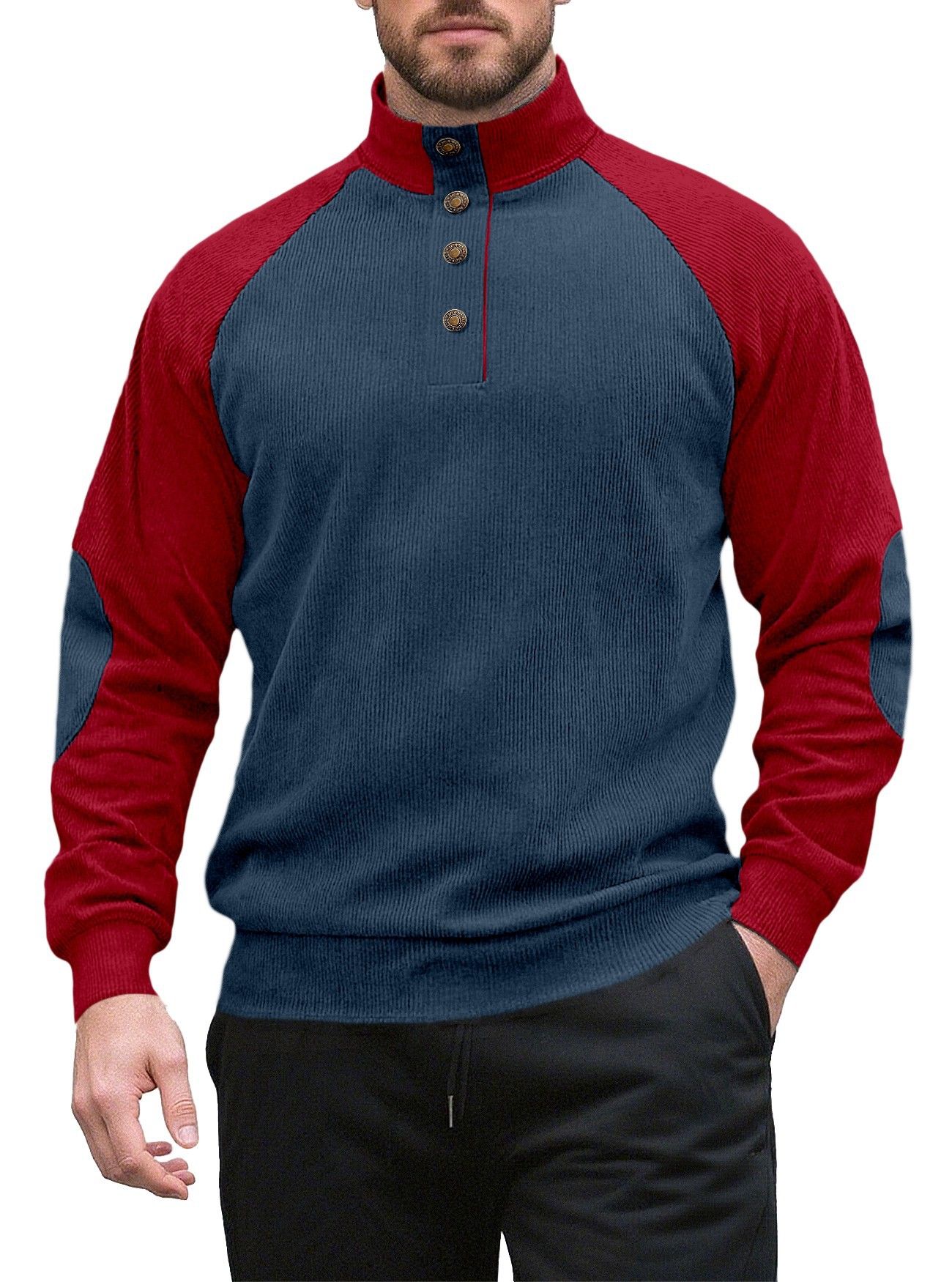 Clothes > Men's Clothing > Tops > Sweatshirts & Hoodies  New men's long sleeved stand up collar outdoor sweatshirt with corduroy buckle, European and American casual sports Henry