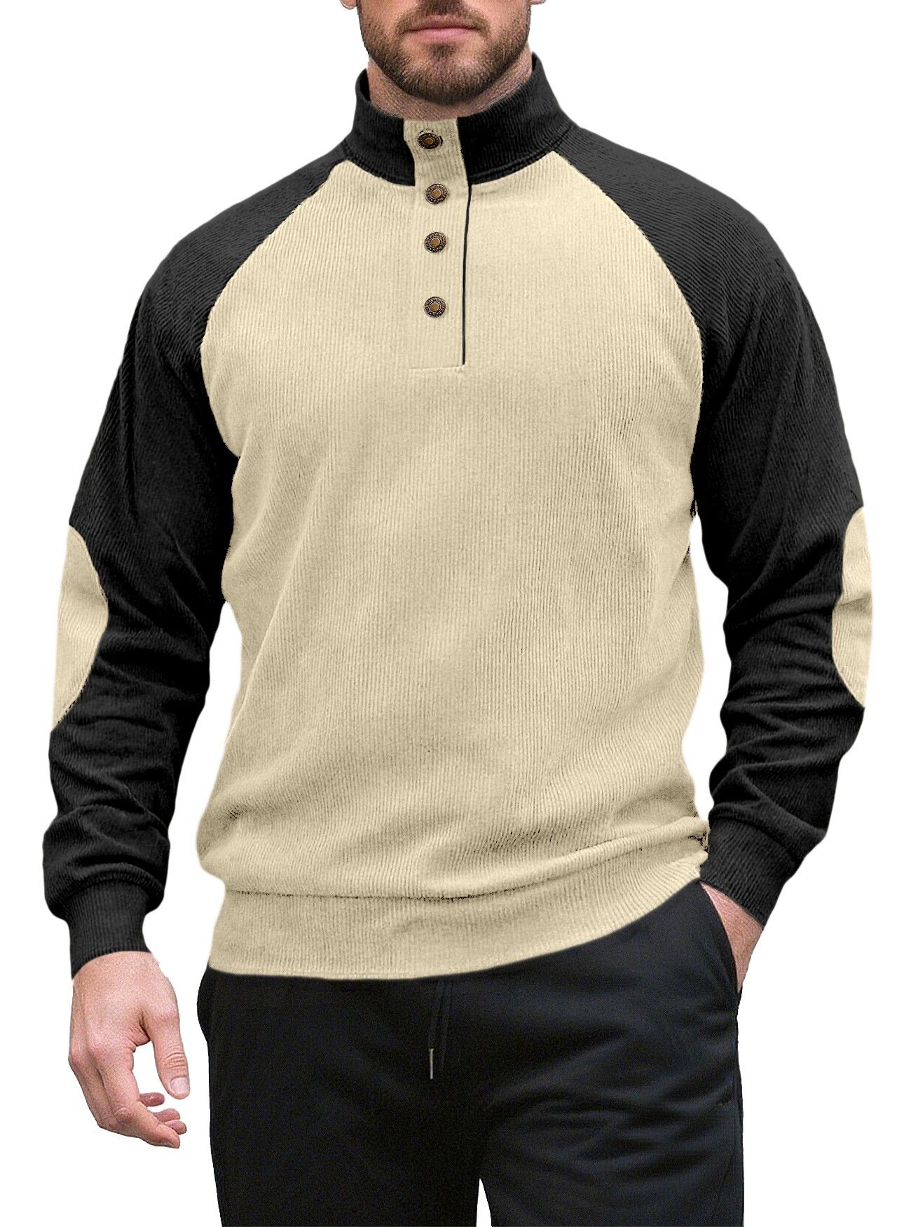 Clothes > Men's Clothing > Tops > Sweatshirts & Hoodies  New men's long sleeved stand up collar outdoor sweatshirt with corduroy buckle, European and American casual sports Henry
