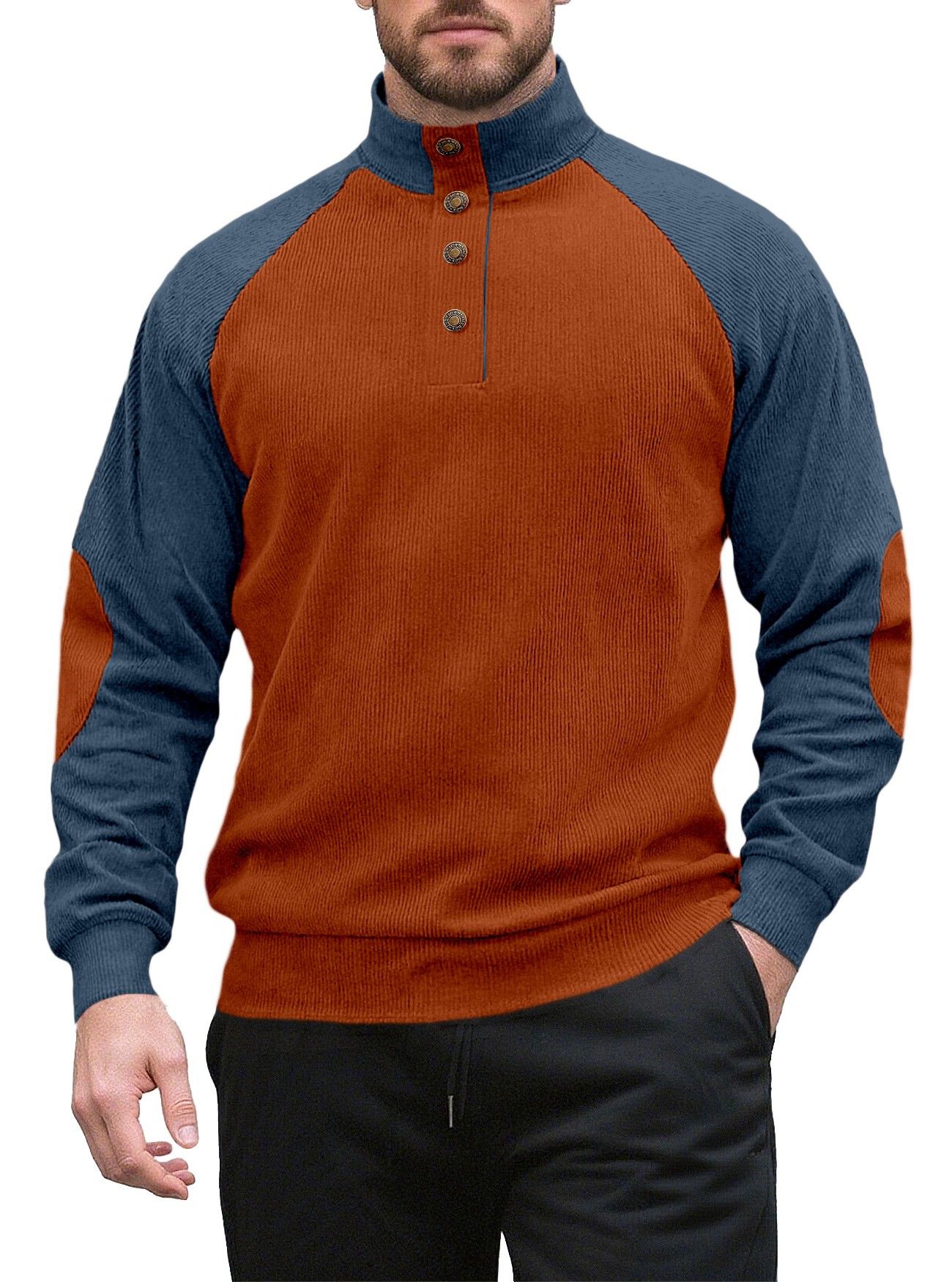 Clothes > Men's Clothing > Tops > Sweatshirts & Hoodies  New men's long sleeved stand up collar outdoor sweatshirt with corduroy buckle, European and American casual sports Henry