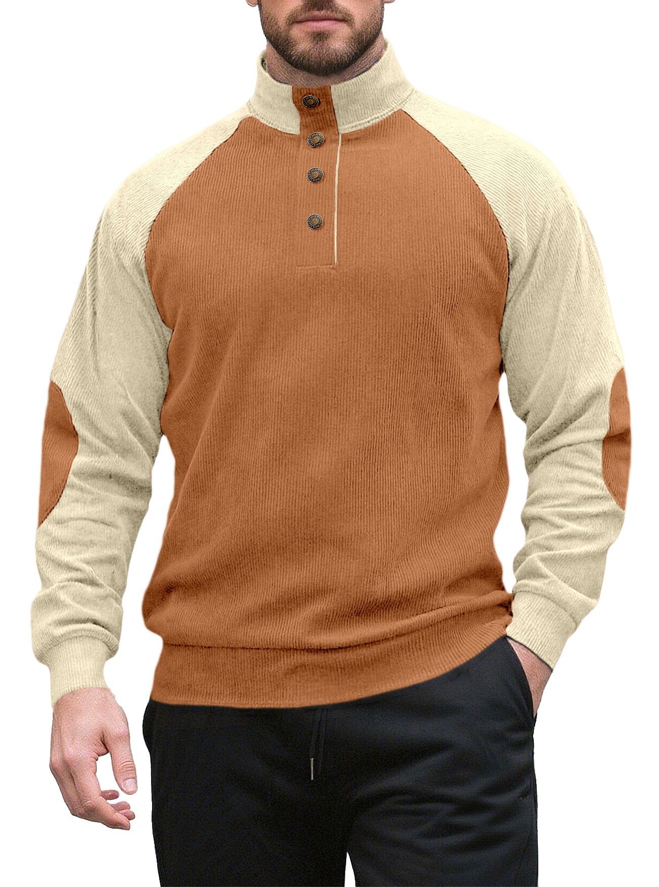 Clothes > Men's Clothing > Tops > Sweatshirts & Hoodies  New men's long sleeved stand up collar outdoor sweatshirt with corduroy buckle, European and American casual sports Henry