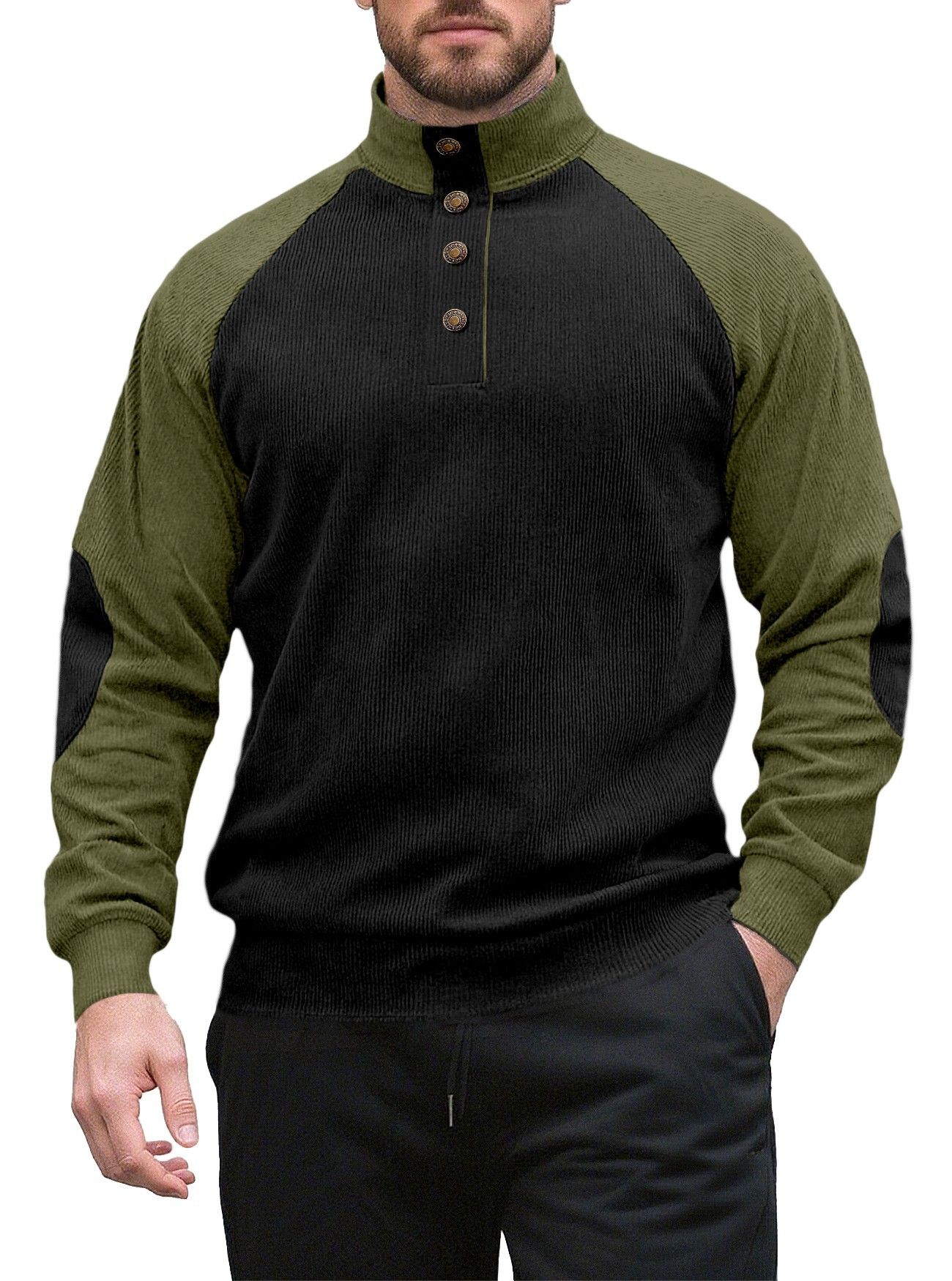 Clothes > Men's Clothing > Tops > Sweatshirts & Hoodies  New men's long sleeved stand up collar outdoor sweatshirt with corduroy buckle, European and American casual sports Henry