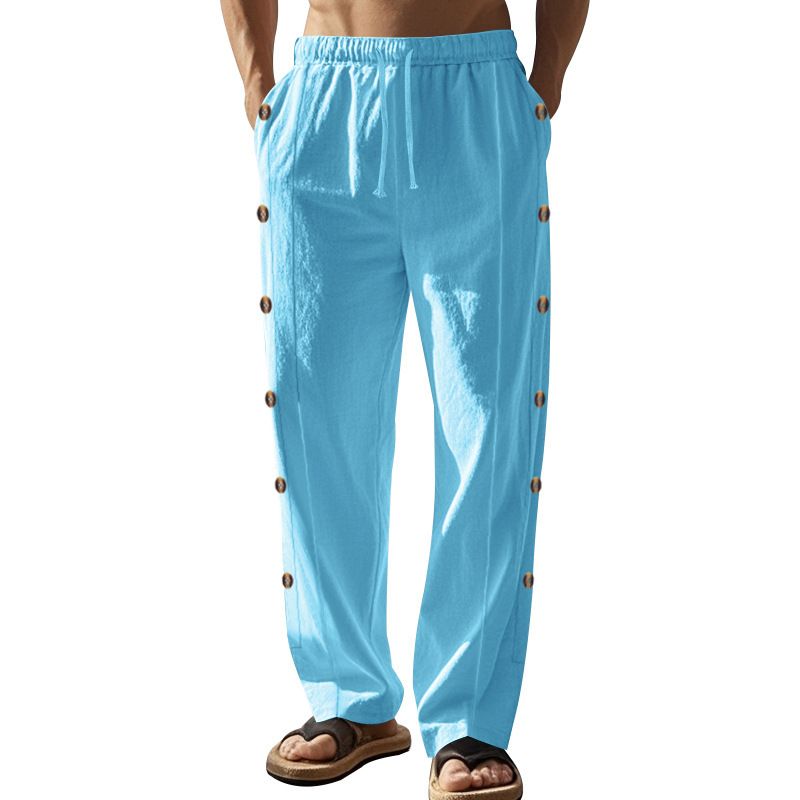 Clothes > Men's Clothing > Bottoms > Pants > Casual  European and American linen trousers spring and autumn style drawstring waist side buckle solid color daily men's trousers casual straight pants